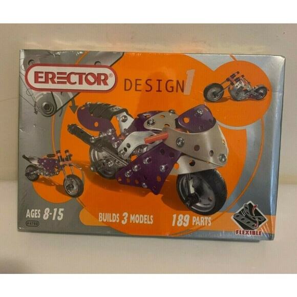 Erector Design Metal Building Set Meccano 3 Models Motorcycle 189 Parts 2003 NEW - Picture 1 of 7